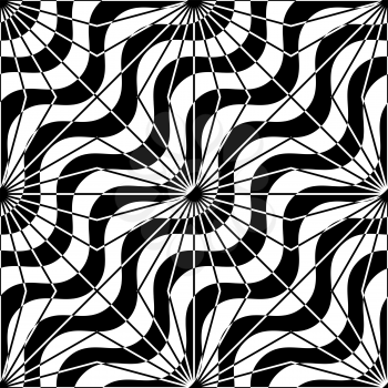 Black and white alternating diagonal waves with rays.Seamless stylish geometric background. Modern abstract pattern. Flat monochrome design.