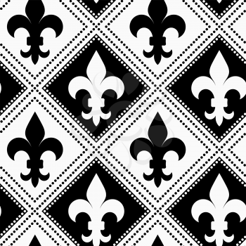 Black and white alternating Fleur-de-lis with dotted squares.Seamless stylish geometric background. Modern abstract pattern. Flat monochrome design.