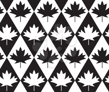 Black and white alternating maple leaves on diamonds.Seamless stylish geometric background. Modern abstract pattern. Flat monochrome design.