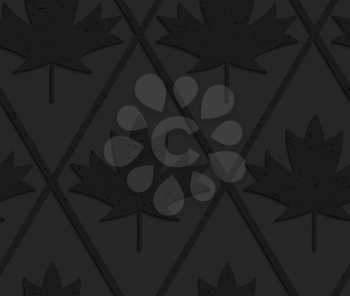 Black textured plastic solid maple leaves.Seamless abstract geometrical pattern with 3d effect. Background with realistic shadows and layering.