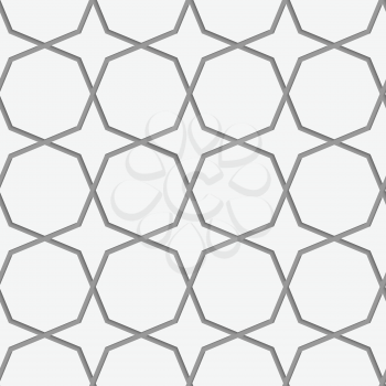 Perforated octagons forming stars.Seamless geometric background. Modern monochrome 3D texture. Pattern with realistic shadow and cut out of paper effect.