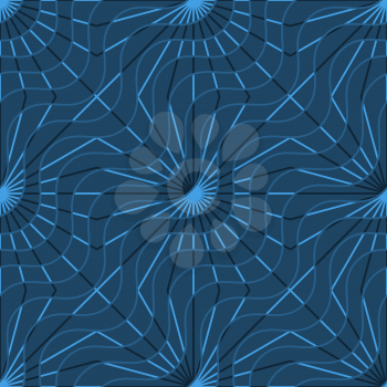 Retro 3D blue waves and rays.Abstract layered pattern. Bright colored background with realistic shadow and thee dimentional effect.