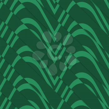 Retro 3D bulging green waves diagonally cut.Abstract layered pattern. Bright colored background with realistic shadow and thee dimentional effect.