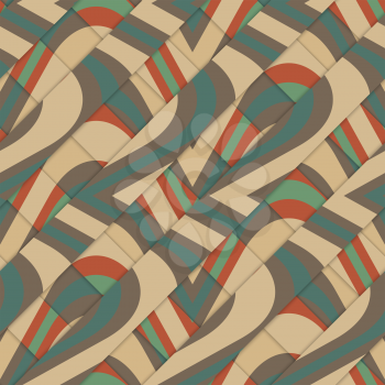 Retro 3D diagonal stripes crossing with waves under.Abstract layered pattern. Bright colored background with realistic shadow and thee dimentional effect.