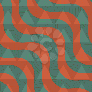 Retro 3D green and brown diagonal waves with texture and triangles.Abstract layered pattern. Bright colored background with realistic shadow and thee dimentional effect.