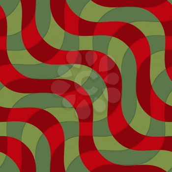 Retro 3D green and red intersecting waves.Abstract layered pattern. Bright colored background with realistic shadow and thee dimentional effect.