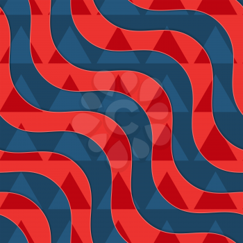 Retro 3D red and blue waves with overlaying triangles.Abstract layered pattern. Bright colored background with realistic shadow and thee dimentional effect.