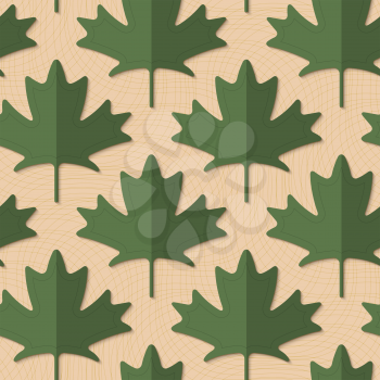 Retro fold deep green maple leaves.Retro fold green maple leaves .Abstract geometrical ornament. Pattern with effect of folded paper with realistic shadow. Vintage colored simple shapes on textured ba