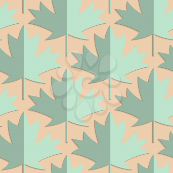 Retro fold green maple leaves.Abstract geometrical ornament. Pattern with effect of folded paper with realistic shadow. Vintage colored simple shapes on textured background.