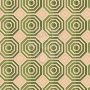Retro fold green striped octagons.Abstract geometrical ornament. Pattern with effect of folded paper with realistic shadow. Vintage colored simple shapes on textured background.
