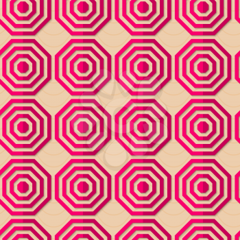 Retro fold pink striped octagons.Abstract geometrical ornament. Pattern with effect of folded paper with realistic shadow. Vintage colored simple shapes on textured background.