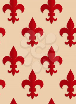 Retro fold red Fleur-de-lis.Abstract geometrical ornament. Pattern with effect of folded paper with realistic shadow. Vintage colored simple shapes on textured background.