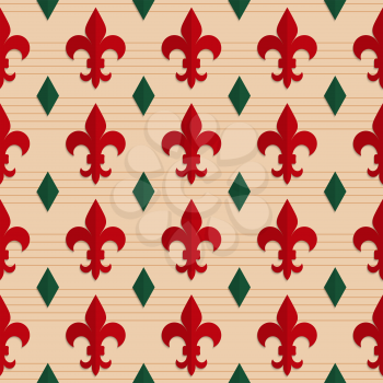 Retro fold red Fleur-de-lis and green diamonds.Abstract geometrical ornament. Pattern with effect of folded paper with realistic shadow. Vintage colored simple shapes on textured background.