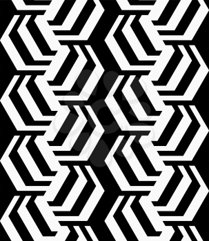 Black and white striped rotated hexagons.Seamless stylish geometric background. Modern abstract pattern. Flat monochrome design.