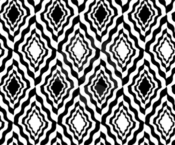 Black and white wavy diamonds.Seamless stylish geometric background. Modern abstract pattern. Flat monochrome design.