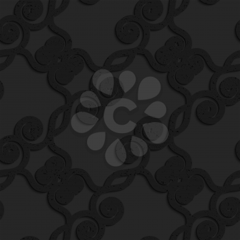 Black textured plastic spiral swirls in grid.Seamless abstract geometrical pattern with 3d effect. Background with realistic shadows and layering.