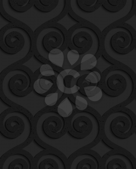 Black textured plastic swirly hearts in grid.Seamless abstract geometrical pattern with 3d effect. Background with realistic shadows and layering.