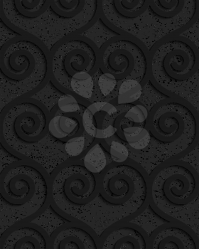 Black textured plastic swirly hearts in slim grid.Seamless abstract geometrical pattern with 3d effect. Background with realistic shadows and layering.