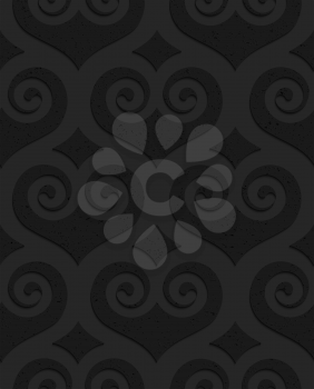 Black textured plastic swirly hearts with diamonds.Seamless abstract geometrical pattern with 3d effect. Background with realistic shadows and layering.