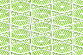 Colored 3D green striped squished hexagons.Seamless geometric background. Modern 3D texture. Pattern with realistic shadow and cut out of paper effect.