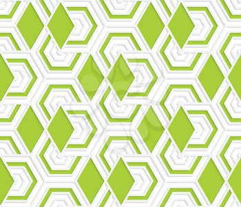 Colored 3D overlapping with green diamonds hexagons .Seamless geometric background. Modern 3D texture. Pattern with realistic shadow and cut out of paper effect.