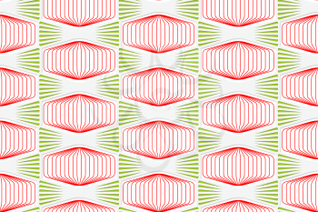 Colored 3D red and green striped squished hexagons.Seamless geometric background. Modern 3D texture. Pattern with realistic shadow and cut out of paper effect.
