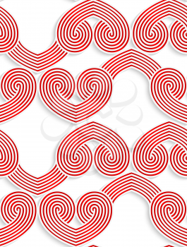 Colored 3D red swirly striped hearts.Seamless geometric background. Modern 3D texture. Pattern with realistic shadow and cut out of paper effect.