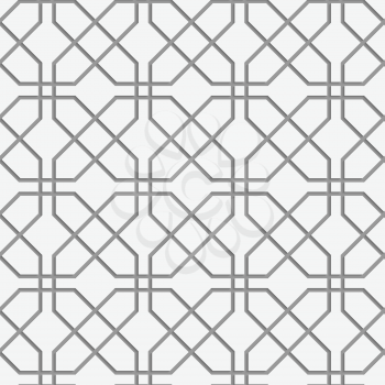 Perforated crossing grids.Seamless geometric background. Modern monochrome 3D texture. Pattern with realistic shadow and cut out of paper effect.