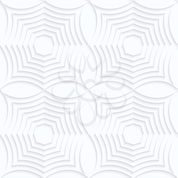 Quilling white paper striped spider webs in row.White geometric background. Seamless pattern. 3d cut out of paper effect with realistic shadow.