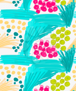 Abstract green and pink strokes and circles.Hand drawn with paint brush seamless background.Modern hipster style design.