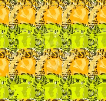 Artistic color brushed green orange with black dashed arcs.Hand drawn with ink and marker brush seamless background.Abstract color splush and scribble design.