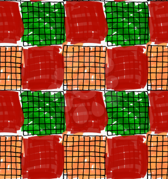Artistic color brushed green red orange squares.Hand drawn with ink and marker brush seamless background.Abstract color splush and scribble design.