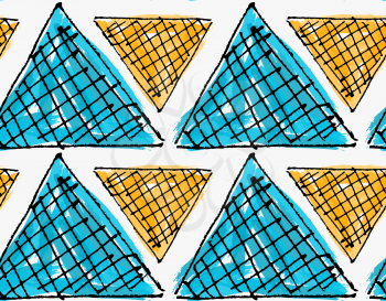 Artistic color brushed orange and blue triangles.Hand drawn with ink and marker brush seamless background.Abstract color splush and scribble design.
