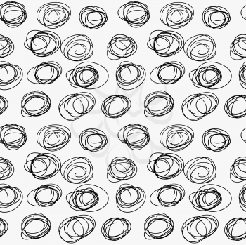 Black marker drawn simple scribble circles.Hand drawn with paint brush seamless background. Abstract texture. Modern irregular tilable design.