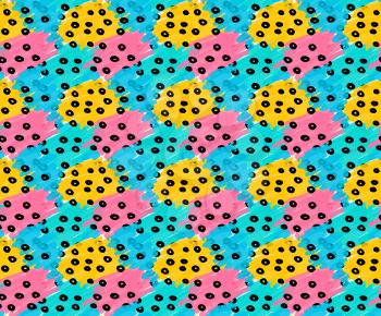 Marker drawn blue pink yellow patches with black dots.Hand drawn with marker seamless background.Modern hipster style design.