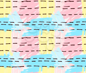 Marker drawn blue pink yellow patches with black hatches.Hand drawn with marker seamless background.Modern hipster style design.