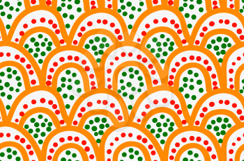 Marker drawn orange arcs and red green dots.Hand drawn with marker seamless background.Modern hipster style design.
