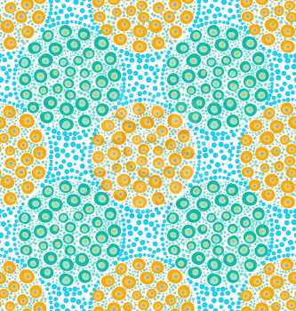 Painted orange and green dotted circles on blue dots.Hand drawn with paint brush seamless background. Abstract colorful texture. Modern irregular tillable design.
