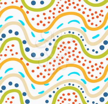 Painted orange and green waves with red and blue dots.Hand drawn with paint brush seamless background. Abstract colorful texture. Modern irregular tillable design.
