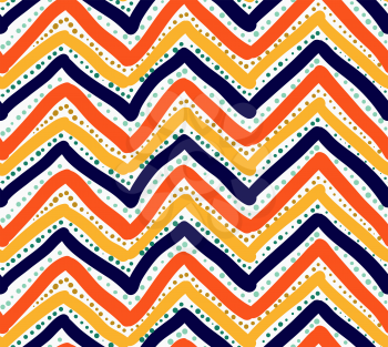 Painted orange red and blue chevron with dots.Hand drawn with paint brush seamless background. Abstract colorful texture. Modern irregular tillable design.