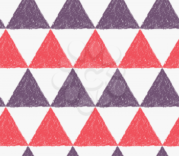 Pencil hatched red and purple triangles.Hand drawn with brush seamless background.Modern hipster style design.