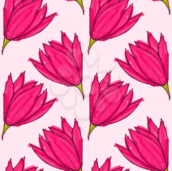 Big pink flower on solid pink.Hand drawn with ink and colored with marker brush seamless background.Creative hand made brushed design.Big flower collection.