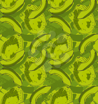 Green avocado with slices.Hand drawn with ink and colored with marker brush seamless background.Creative hand made brushed design.