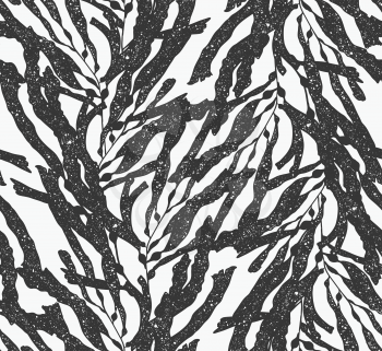 Kelp seaweed black with white texture.Hand drawn with ink seamless background.Modern hipster style design.