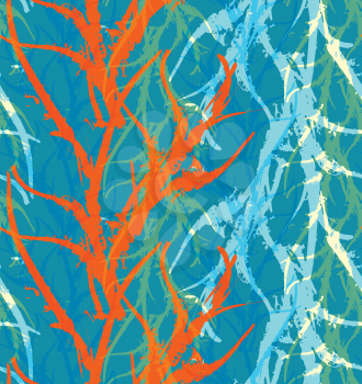 Kelp seaweed blue and orange abstract rough.Hand drawn with ink seamless background.Modern hipster style design.