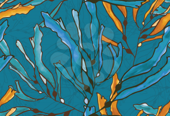 Kelp seaweed blue and yellow watercolor.Hand drawn with ink and colored with marker brush seamless background.Creative hand made brushed design.