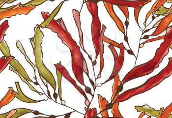 Kelp seaweed brown watercolor.Hand drawn with ink and colored with marker brush seamless background.Creative hand made brushed design.