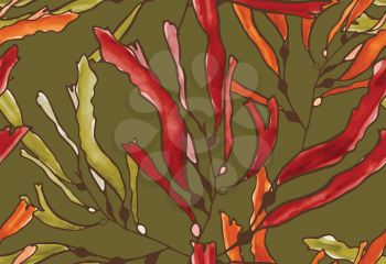 Kelp seaweed brown watercolor on green.Hand drawn with ink and colored with marker brush seamless background.Creative hand made brushed design.
