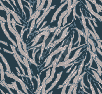 Kelp seaweed gray on blue with texture.Hand drawn with ink seamless background.Modern hipster style design.