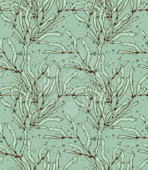 Kelp seaweed green with texture.Hand drawn with ink and colored with marker brush seamless background.Creative hand made brushed design.